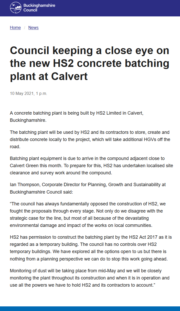 Council keeping a close eye on the new HS2 concrete batching plant at Calvert