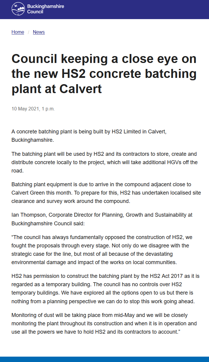 Photo of Council keeping a close eye on the new HS2 concrete batching plant at Calvert